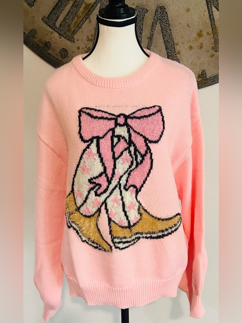 Simply Southern Pink Bow & Boots Crewneck Sweater - Picture 2 of 3